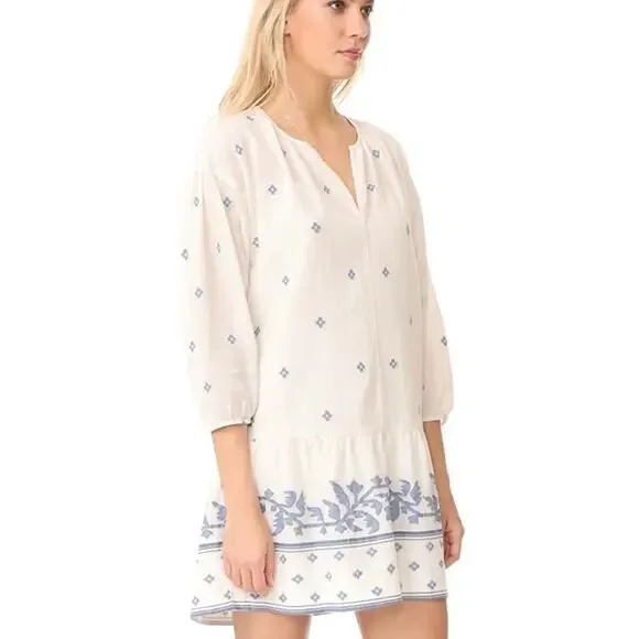 Madewell White and Blue Jacquard Peasant Dress Women's Medium - Picture 2 of 7